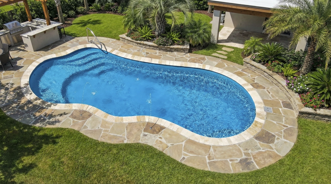 Detailed finished fiberglass pool and surrounding hardscape