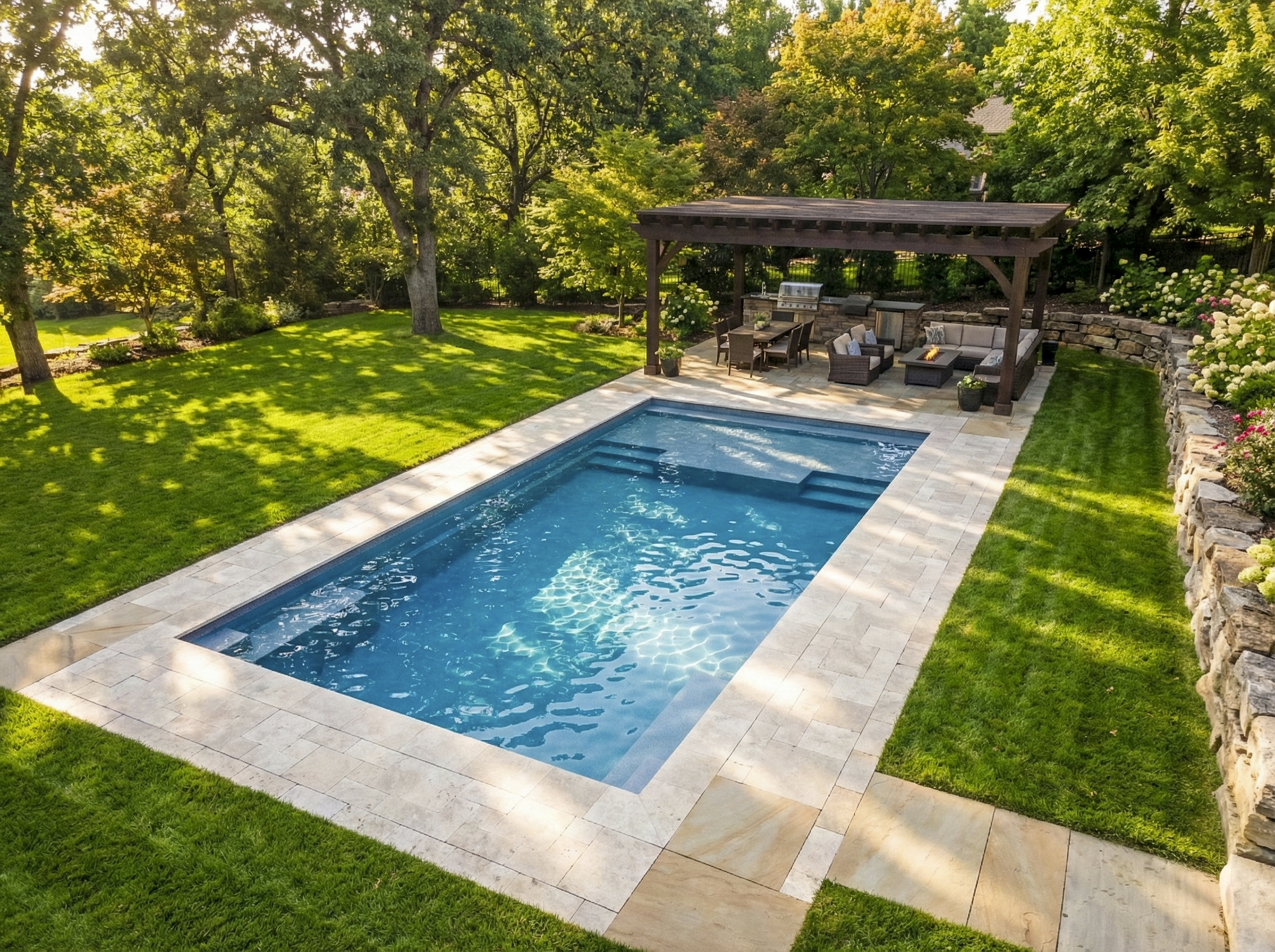 Fiberglass pool with open swimming area