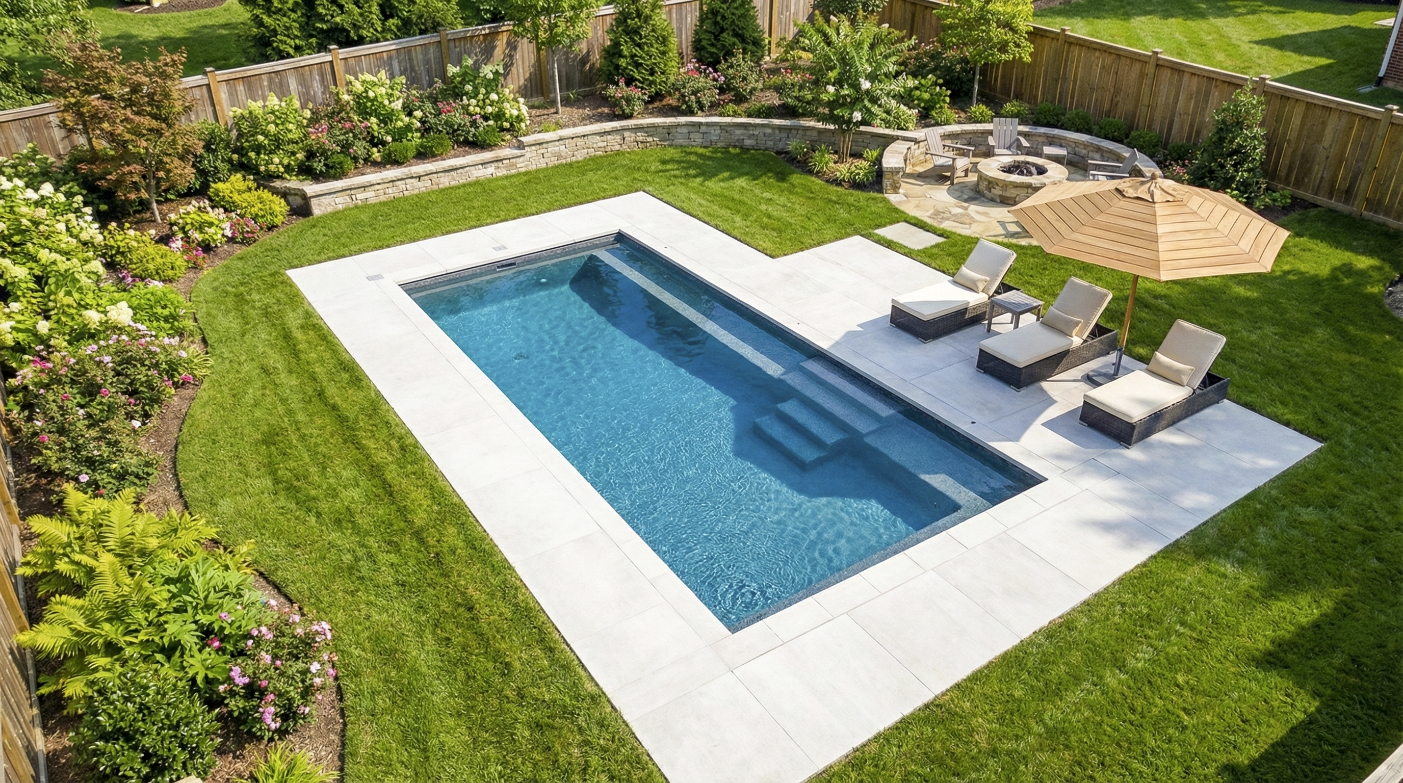 Fiberglass swimming pool illustrating backyard property planning